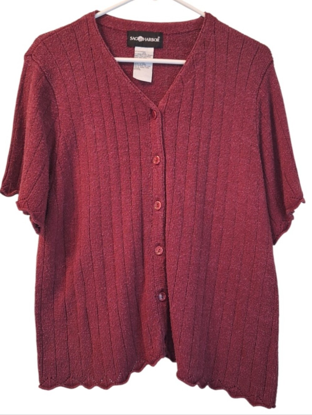 Sag Harbor Short-Sleeve Ribbed Button-Front Sweater - Wine Red
